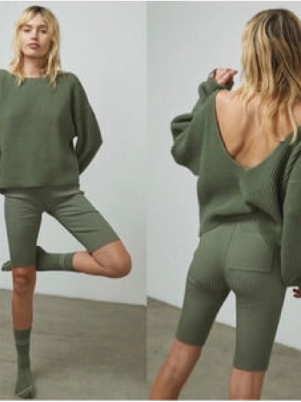lunya Olive Ribbed Off-the-Shoulder V-Neck Sweater and matching shorts set
